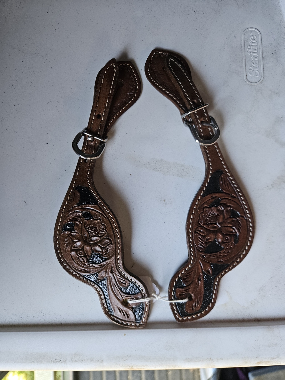 Hand-Tooled Brown Floral Leather Spur Straps